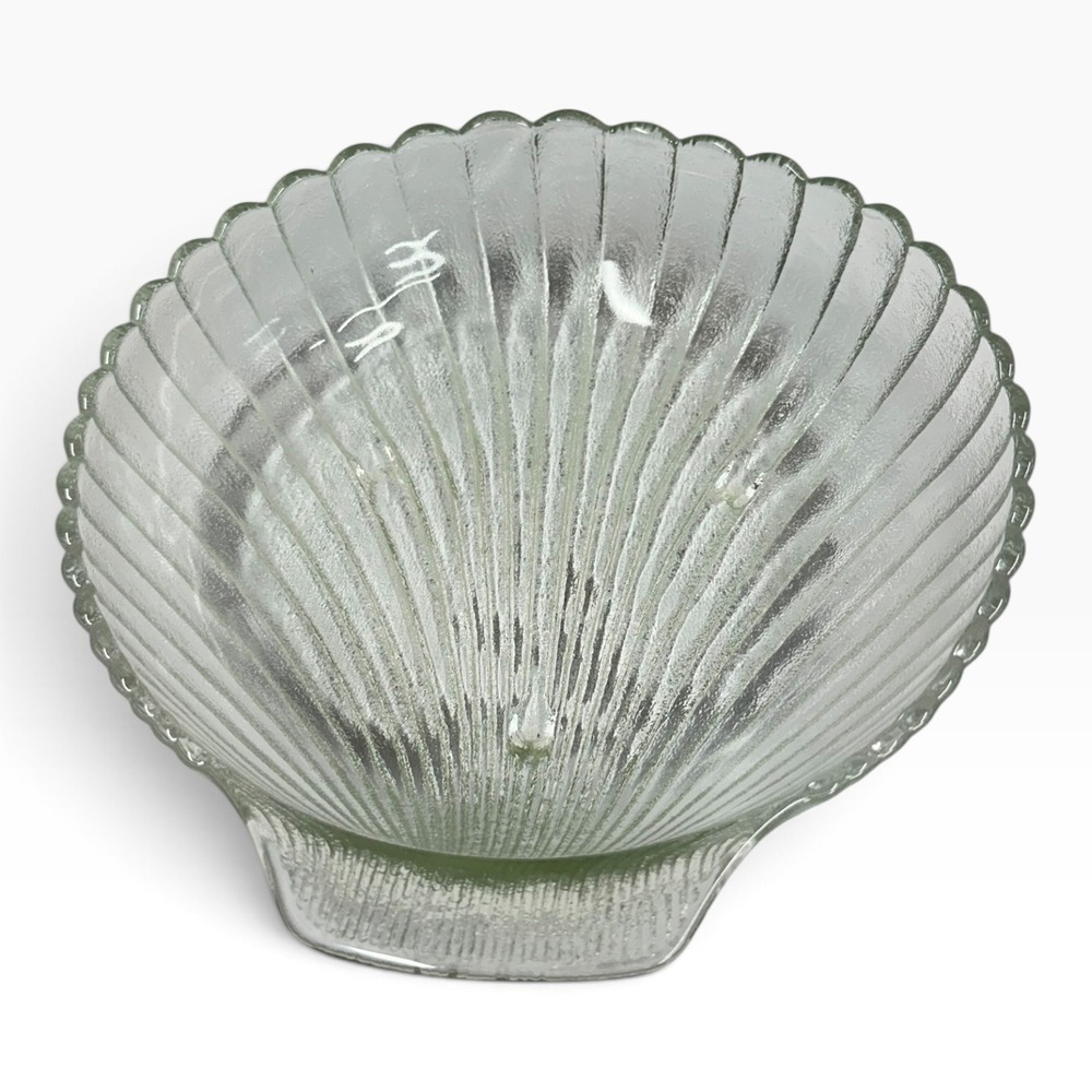 Vintage Clear Textured Glass Scallop Shell Bowl Coastal Decor Large 10 Inch